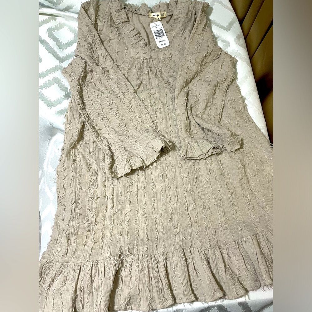 Indigo Soul Sz Med taupe Eyelash Fringe Midi Dress